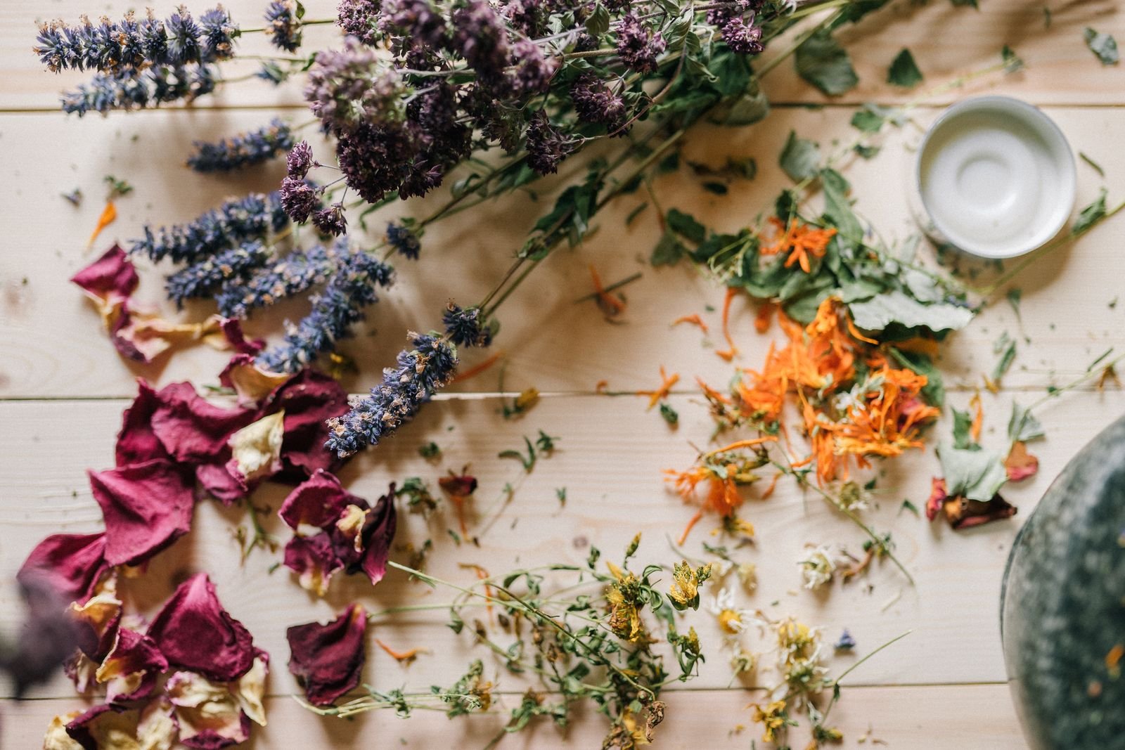 Assortment of dried herbs and flowers used for herbal teas and infusions