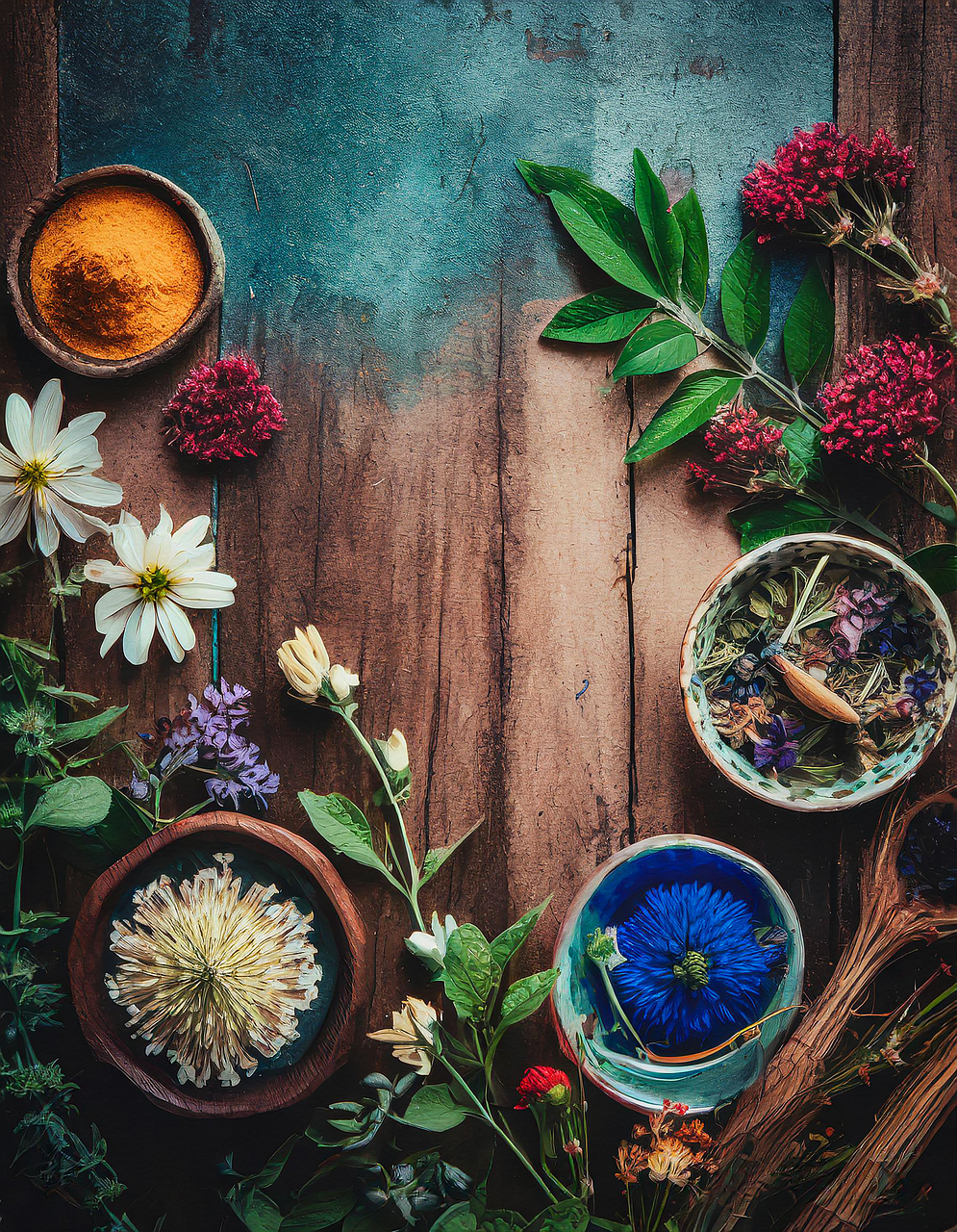 ai generated, flowers, herbalist, apothecary, spa, aged wood, natural, ingredients, natural remedy, remedy, health, remedies, alchemy, medication, perfume, flat lay, book, still life, phone wallpaper, wallpaper, literature, floral background, nature, roses, floral