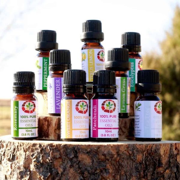 Collection of pure essential oil bottles from Homegrown Herbalist including lavender peppermint rosemary eucalyptus and lemongrass showing concentrated plant volatile compound extracts