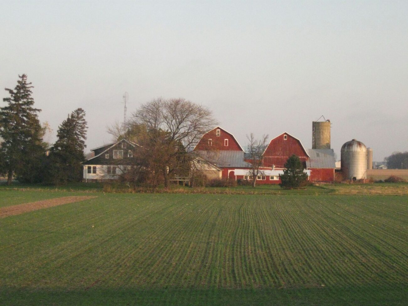 a farm with a barn and silo in the background