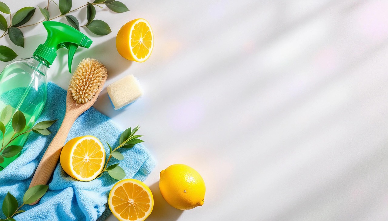 ai generated, cleaning, cleaning supplies, eco-friendly, natural, lemons, spray bottle, brush, towel, lemon cleaning, fresh, environment-friendly