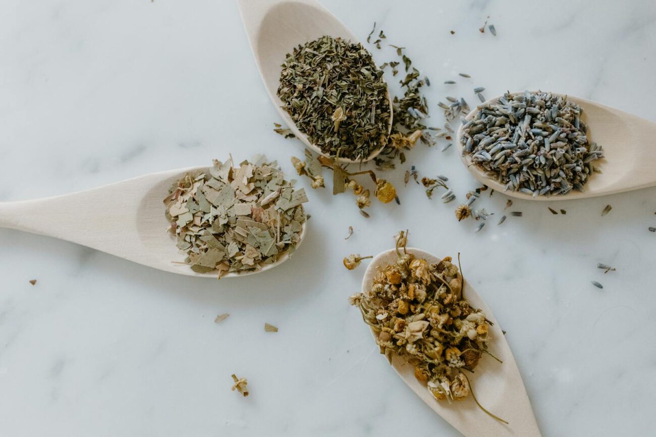 Four wooden spoons with dried botanical herb preparations including dried leaves green herbs lavender Lavandula and chamomile Matricaria flowers showing variety of plant secondary metabolite compound profiles in dried herbal material for supplementation