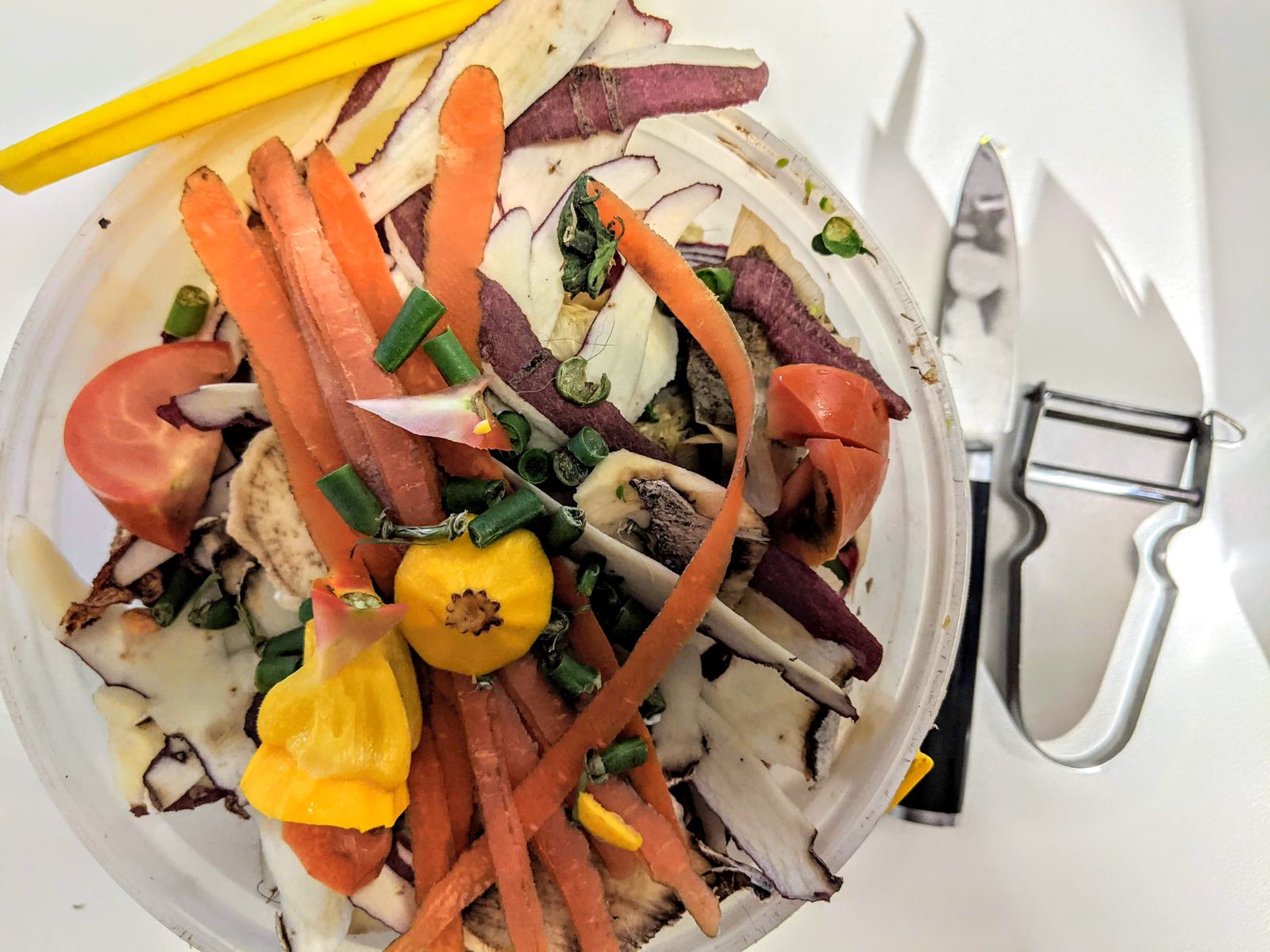 : A bowl of fresh kitchen vegetable peelings and scraps showing ideal organic feedstock for a garden biogas digester
