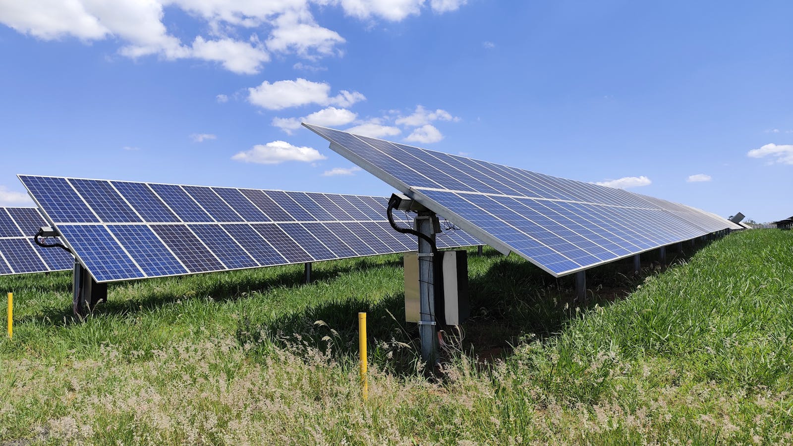 Ground-mounted solar panels with silicon photovoltaic cells in a green field under blue sky