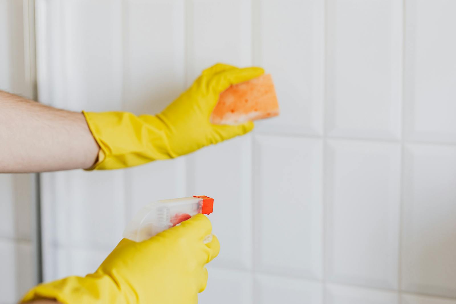 Hands in yellow rubber gloves cleaning white bathroom tiles with a spray bottle and sponge showing the enclosed space where cleaning product VOCs accumulate