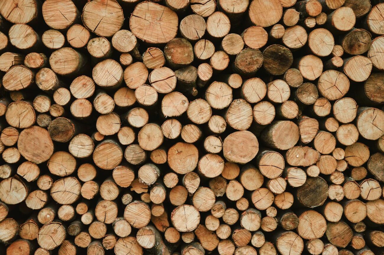 Stacked timber logs shot end-on showing wood grain and rings representing carbon stored in sustainably harvested building timber