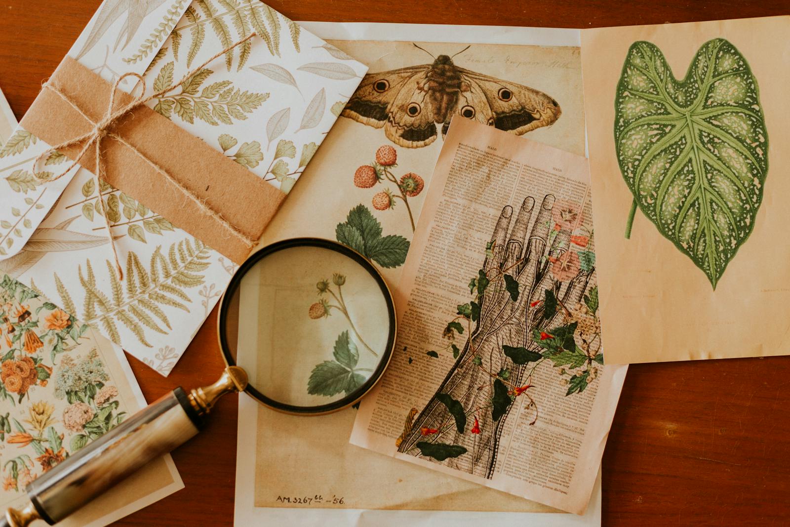 Vintage botanical illustrations and magnifying glass showing plant specimen classification and identification materials reflecting binomial nomenclature taxonomy system where Latin genus and species names encode evolutionary relationships biosynthetic pathways and secondary metabolite chemistry across plant families