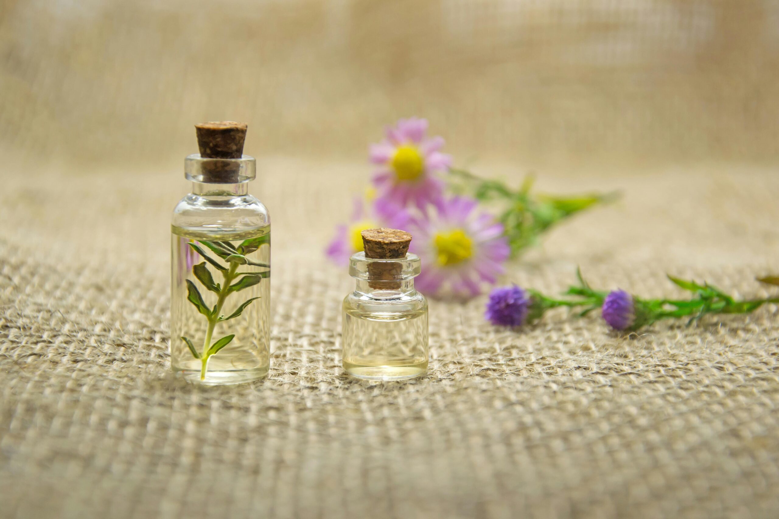 Essential oil bottles with lavender flowers and herbs