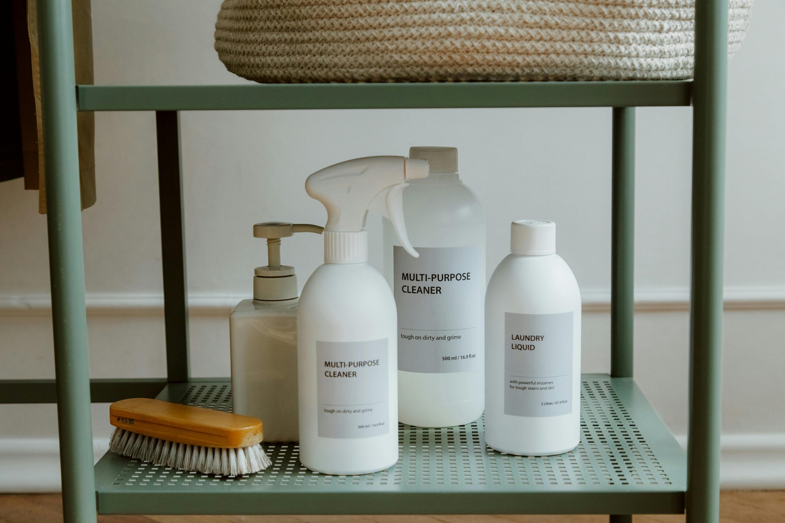 Eco-friendly cleaning supplies in reusable bottles