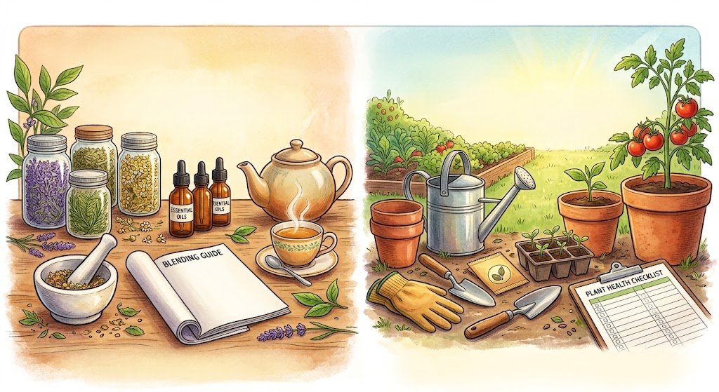 Illustrated banner showing herbal guides and gardening tools